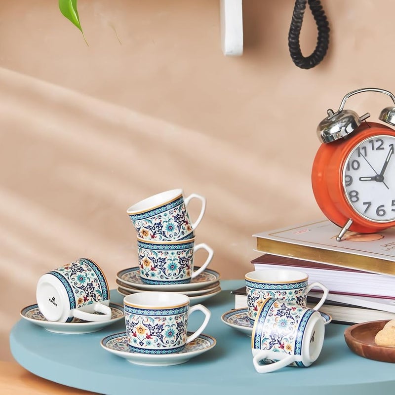 Karaca Beylerbeyi Porcelain Turkish Coffee Cup Set of 6, 12 Piece, 80ml, White Blue Multi - Image 1