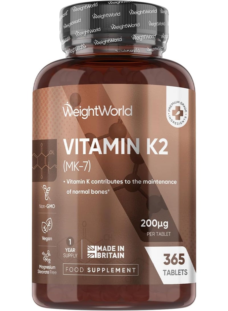 WeightWorld Vitamin K2 MK7 200mcg - 1 Year Supply - 365 Vegan Tablets - 1 per Day - Bioavailable Form - Non-GMO & Magnesium Stearate-Free K2 Vitamin Supplements - Made in the UK - Image 1