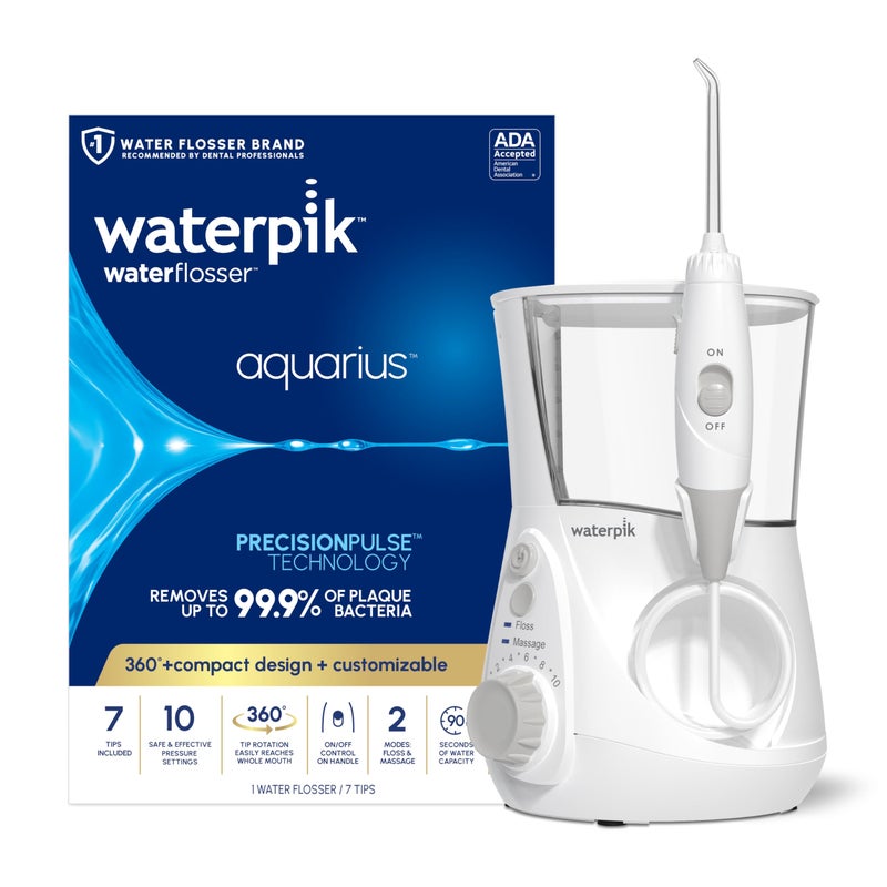 Waterpik جهاز ووتر بيك أكوارياس لتنظيف الأسنان بالماء الاحترافي، للعناية بالأسنان واللثة وتقويم الأسنان، طاقة كهربائية مع 10 إعدادات، 7 نصائح لمستخدمين واحتياجات متعددة، معتمد من ADA، أبيض WP-660، قد يختلف التعبئة والتغليف - Image 1