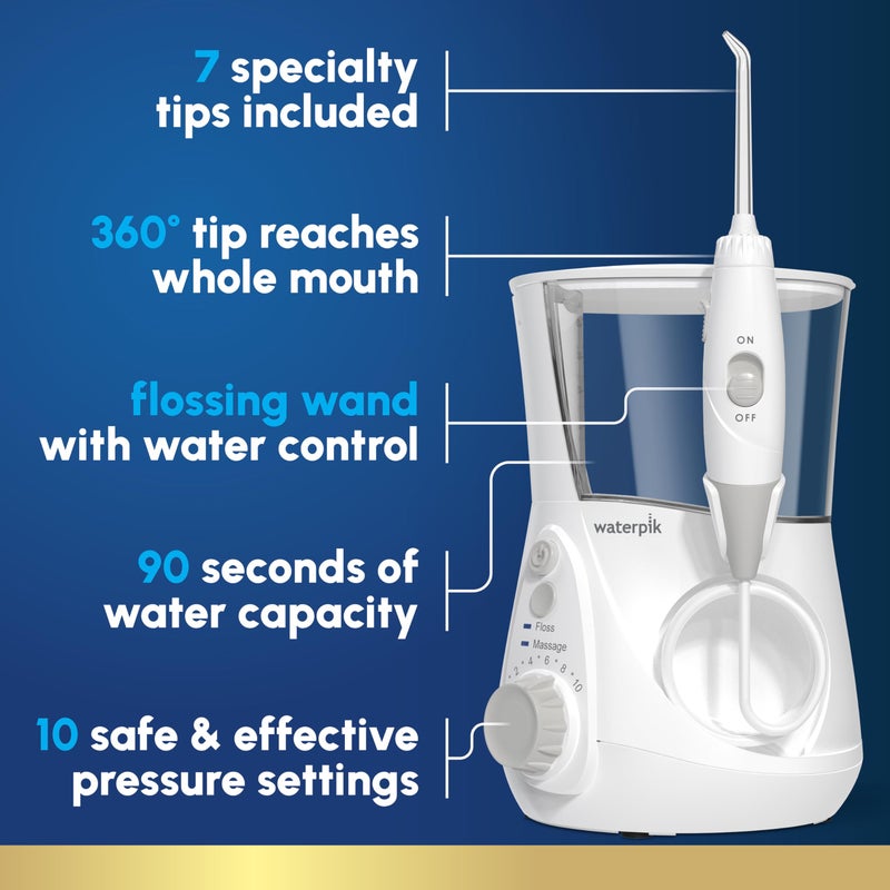 Waterpik جهاز ووتر بيك أكوارياس لتنظيف الأسنان بالماء الاحترافي، للعناية بالأسنان واللثة وتقويم الأسنان، طاقة كهربائية مع 10 إعدادات، 7 نصائح لمستخدمين واحتياجات متعددة، معتمد من ADA، أبيض WP-660، قد يختلف التعبئة والتغليف - Image 2