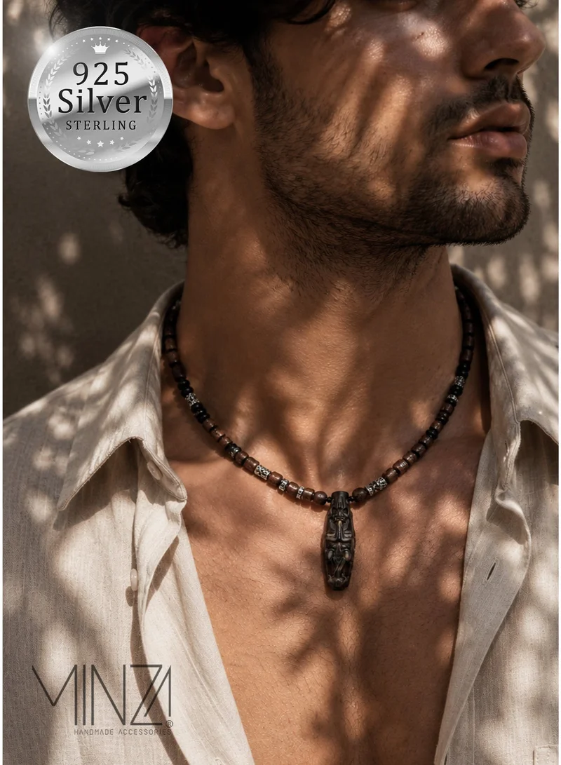 Minza Minza " Yoruba " Pure 925 Sterling Silver, Date & Onyx Stones, Handmade Necklace for Men, Pendant and Beaded Necklace, 6.00 grams of Silver, Jewelry for Casual & Special Occasion