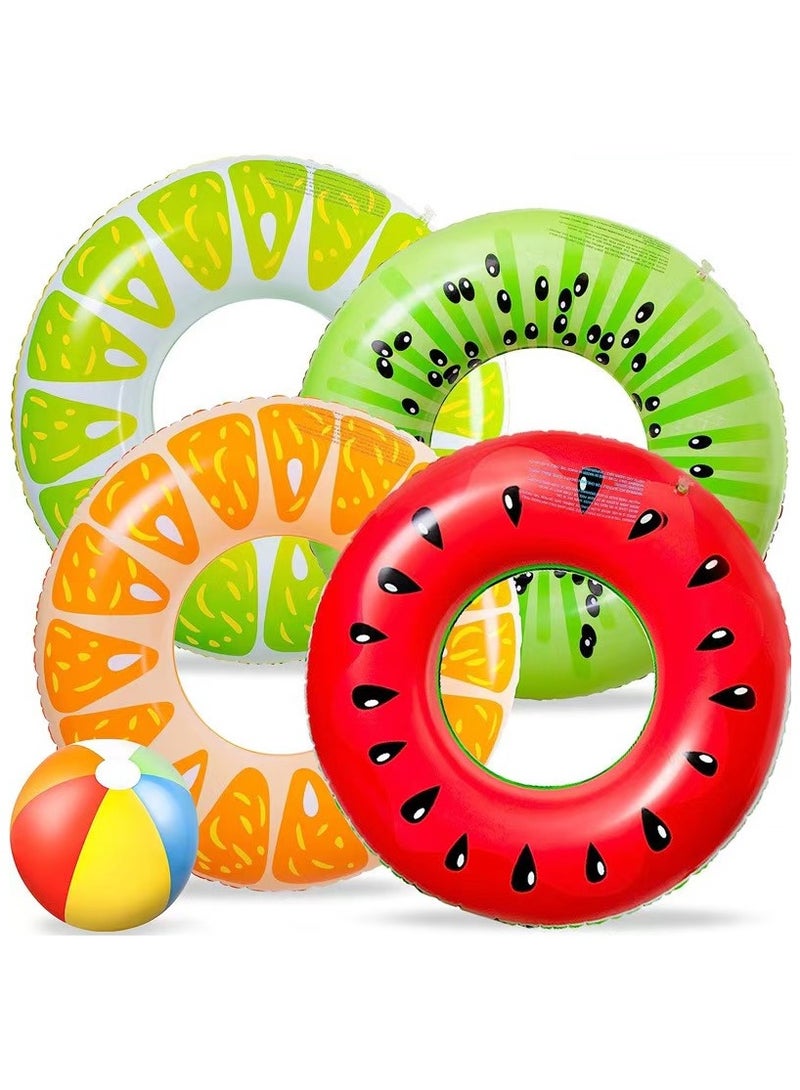 Generic 4PCS Fruit Pool Floats: Watermelon Kiwi Orange Lemon Swimming Rings with 13.5" Beach Balls - Inflatable Tubes Floaties Toys for Kids Adults - Image 1