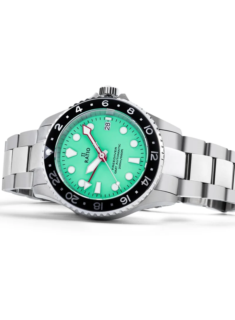 Ratio ساعة Ratio FreeDiver GMT للرجال - أوتوماتيكية للغوص، مقاومة للماء حتى 200 متر، ميناء أخضر (RTF059)