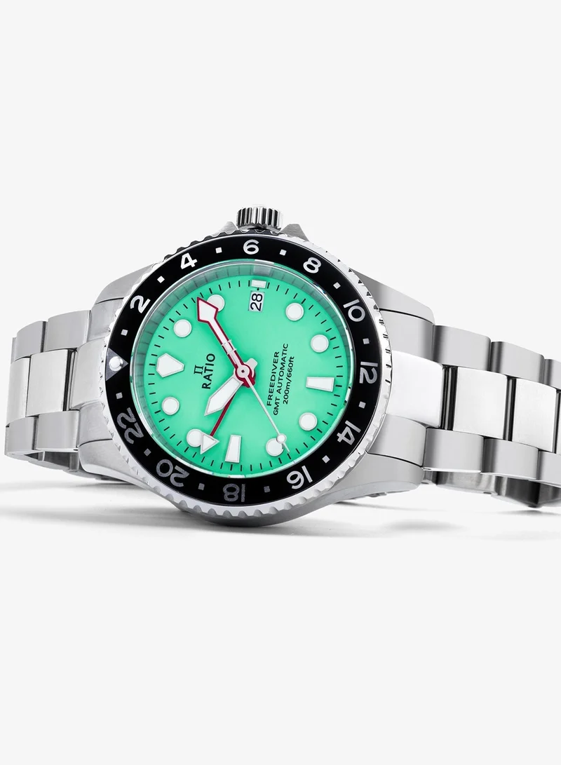 Ratio ساعة Ratio FreeDiver GMT للرجال - أوتوماتيكية للغوص، مقاومة للماء حتى 200 متر، ميناء أخضر (RTF059)