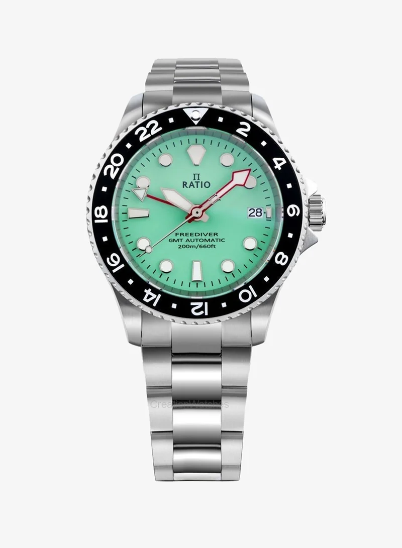 Ratio ساعة Ratio FreeDiver GMT للرجال - أوتوماتيكية للغوص، مقاومة للماء حتى 200 متر، ميناء أخضر (RTF059)