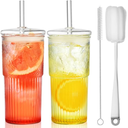 ALINK Glass Cups with Lids and Straws 22 oz High Borosilicate Clear Iced Coffee Glass Tumblers Drinking Glass Smoothie Tea Water Cups Pack of 2 with Cleaning Brush - Image 1