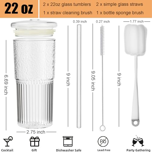 ALINK Glass Cups with Lids and Straws 22 oz High Borosilicate Clear Iced Coffee Glass Tumblers Drinking Glass Smoothie Tea Water Cups Pack of 2 with Cleaning Brush - Image 3