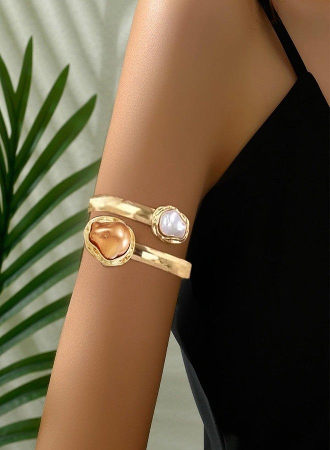 Cicod Chunky Gold Pearl Arm Cuff Upper Arm Bracelet Minimalist Armband Cuffs Bangle Bracelets Arms Cuff Jewelry for Women Summer Beach Accessories (Gold) - Image 2
