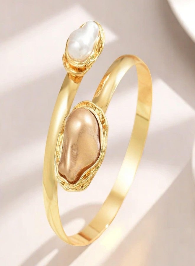 Cicod Chunky Gold Pearl Arm Cuff Upper Arm Bracelet Minimalist Armband Cuffs Bangle Bracelets Arms Cuff Jewelry for Women Summer Beach Accessories (Gold) - Image 3