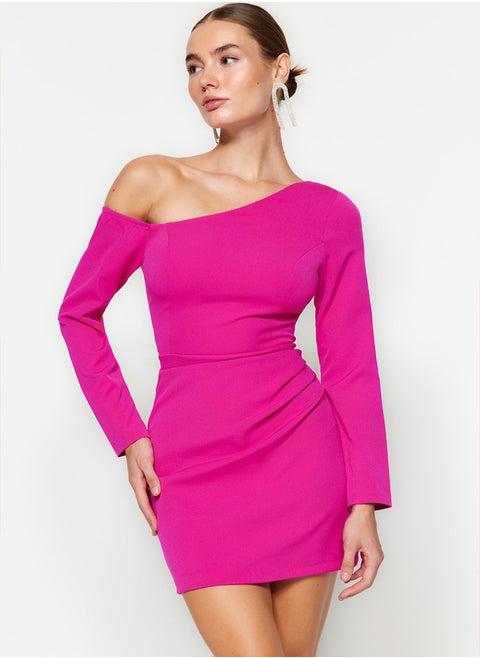 Fuchsia Fitted Draped Woven Short Elegant Evening Dress TPRAW24EL00083