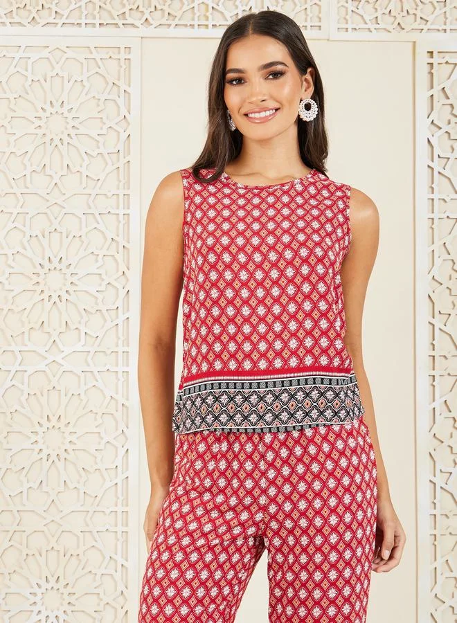 ستايلي Bohemian Print Sleeveless Top and Straight Leg Pant Set