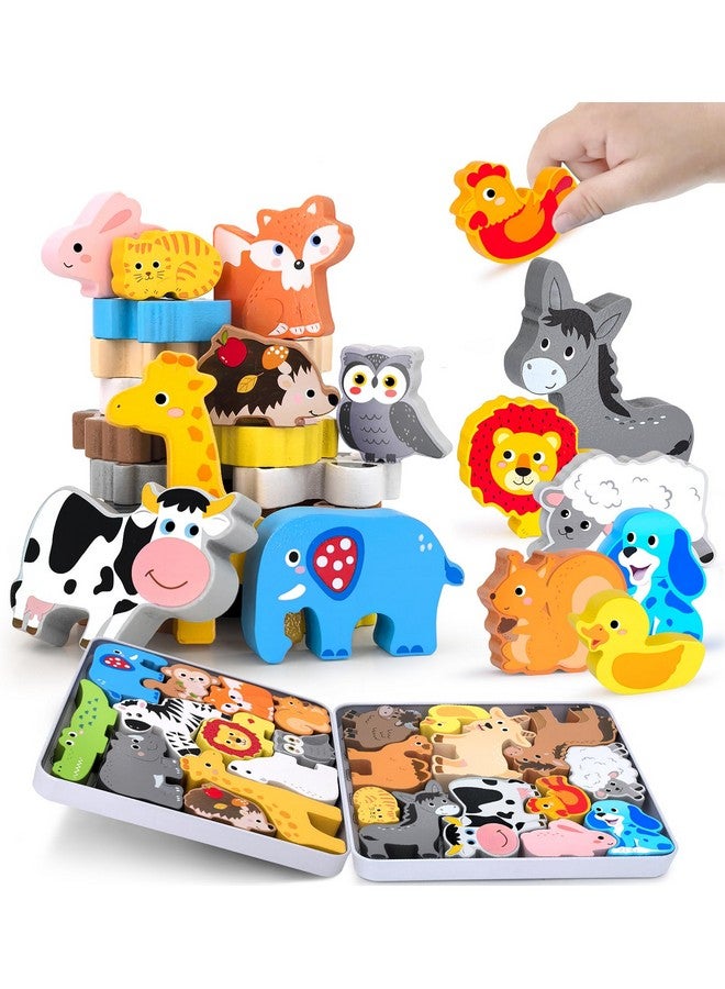 KECIABO Wooden Animal Puzzles Toys for Toddlers,24 Pcs Farm and Safari Animal Figures,Animal Matching Sorting Stacking Toys for Boys Child Girls,Educational Learning Toys Gift for Kids - Image 1