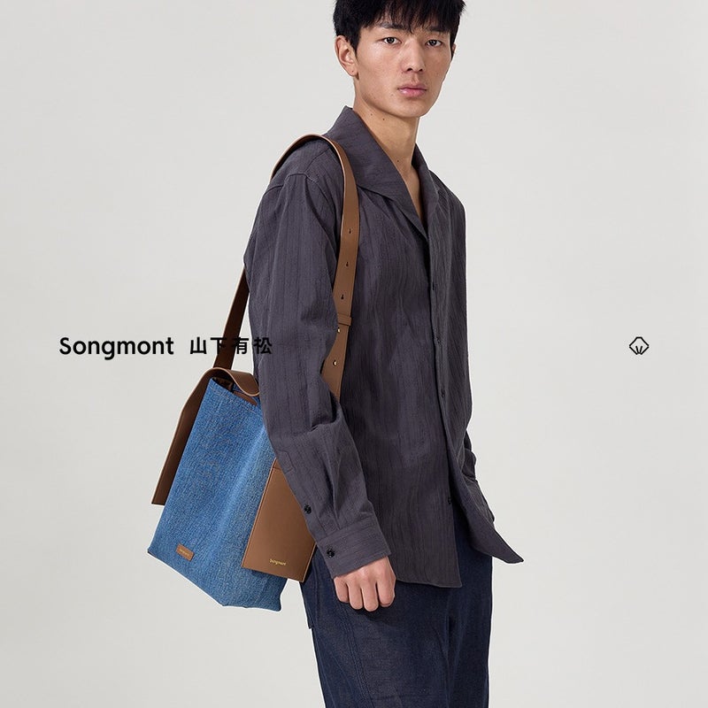 Songshan Xia Hanging Ear Bag Series Tote Bag Medium Size First Layer Cowhide Denim Blue Single Shoulder Bucket Bag - Image 4