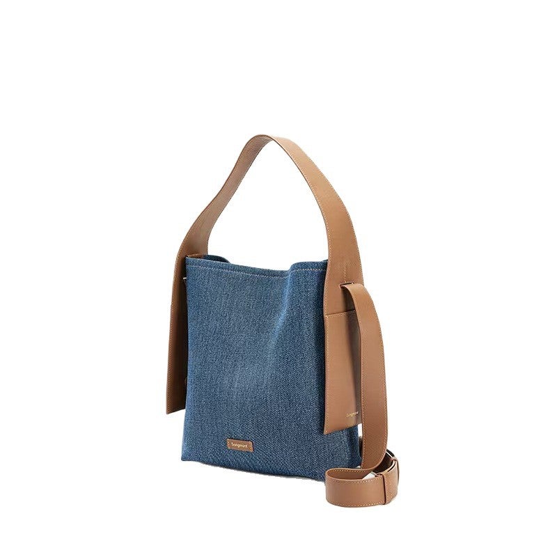 Songshan Xia Hanging Ear Bag Series Tote Bag Medium Size First Layer Cowhide Denim Blue Single Shoulder Bucket Bag - Image 5