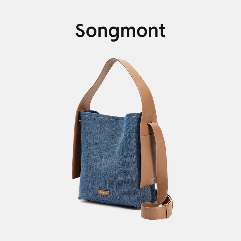 Songshan Xia Hanging Ear Bag Series Tote Bag Medium Size First Layer Cowhide Denim Blue Single Shoulder Bucket Bag - Image 1