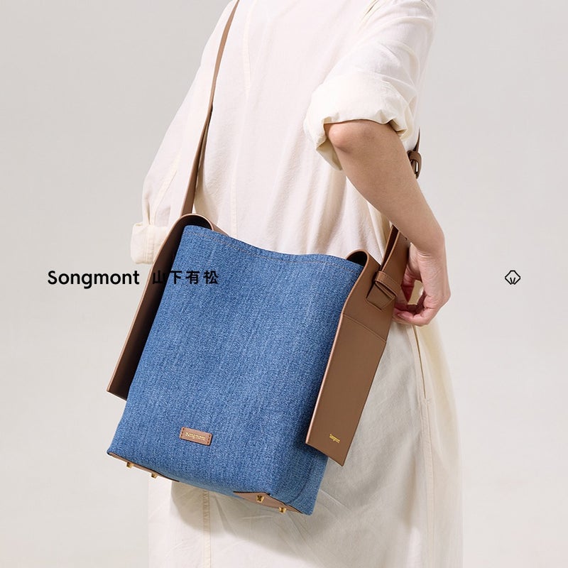 Songshan Xia Hanging Ear Bag Series Tote Bag Medium Size First Layer Cowhide Denim Blue Single Shoulder Bucket Bag - Image 3