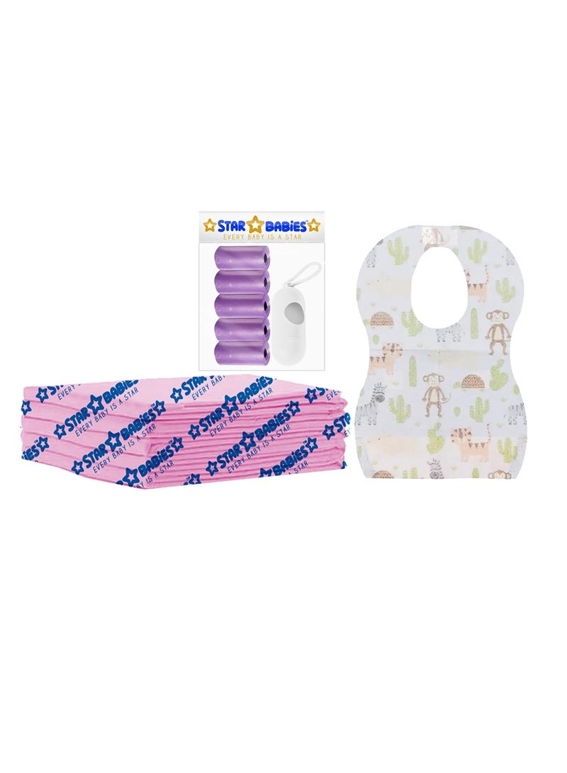 Star Babies Disposable Combo pack (Changing Mat 5pcs, Bibs 5pcs, Scented Bag w/dispenser)-White/Lavender - Image 1