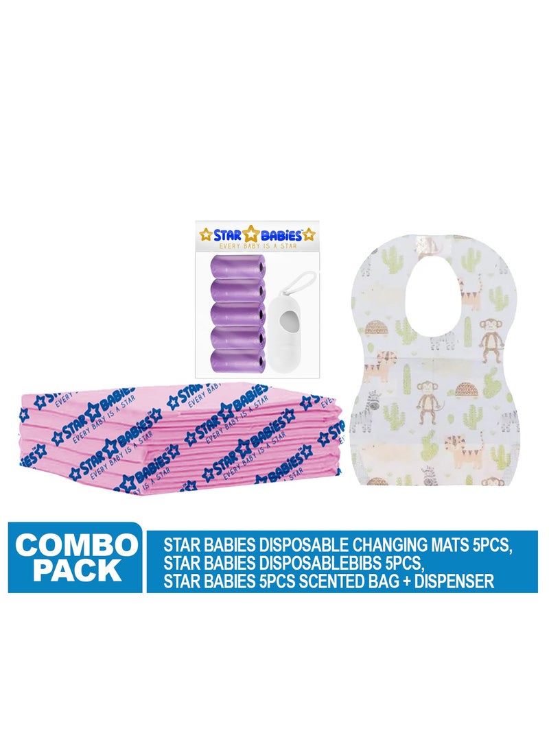 Star Babies Disposable Combo pack (Changing Mat 5pcs, Bibs 5pcs, Scented Bag w/dispenser)-White/Lavender - Image 2