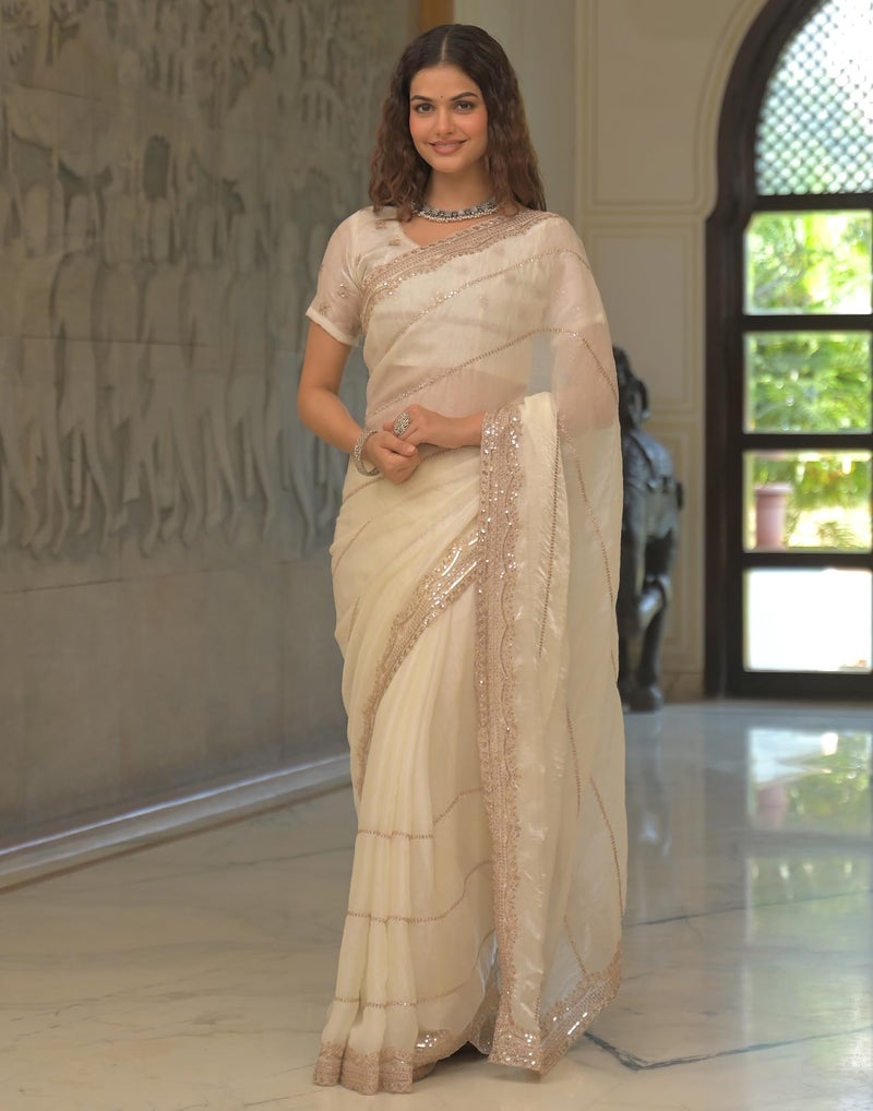 SIRIL Women's Shimmer Chiffon Sequence Embroidery & Scalloped Border Saree With Unstitched Blouse Piece (4922S923_Off-White) - Image 2