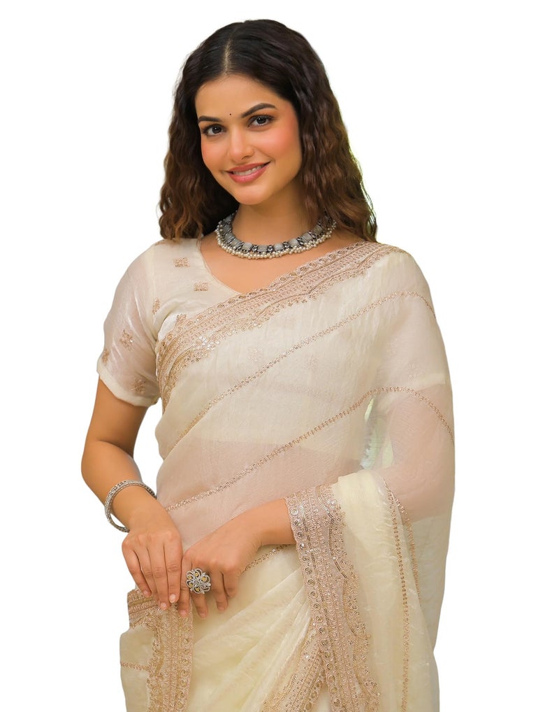 SIRIL Women's Shimmer Chiffon Sequence Embroidery & Scalloped Border Saree With Unstitched Blouse Piece (4922S923_Off-White) - Image 1