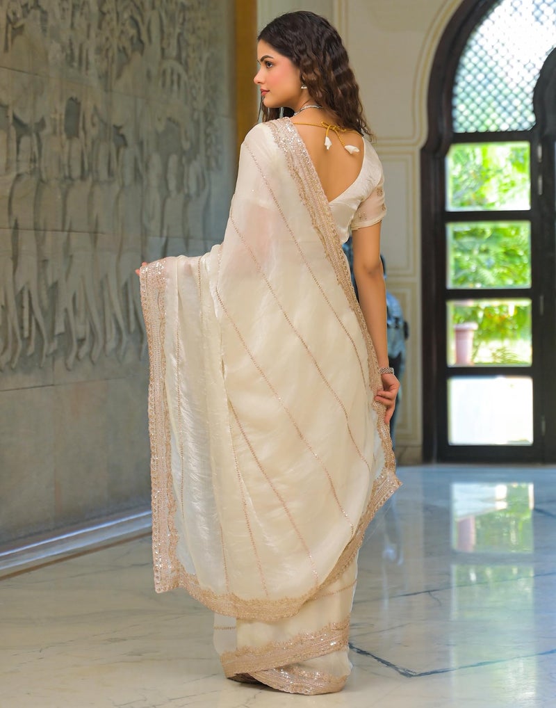 SIRIL Women's Shimmer Chiffon Sequence Embroidery & Scalloped Border Saree With Unstitched Blouse Piece (4922S923_Off-White) - Image 3