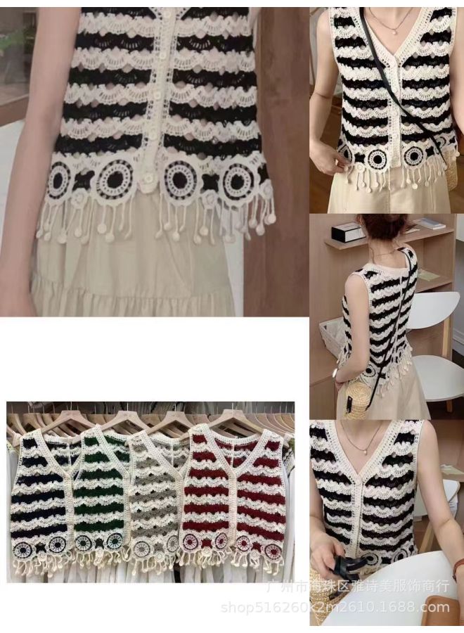 Hong Kong-style Western-style Fashion Crochet Hollow Sleeveless Vest Women's Winter V-neck Loose Slim-fit Striped Top