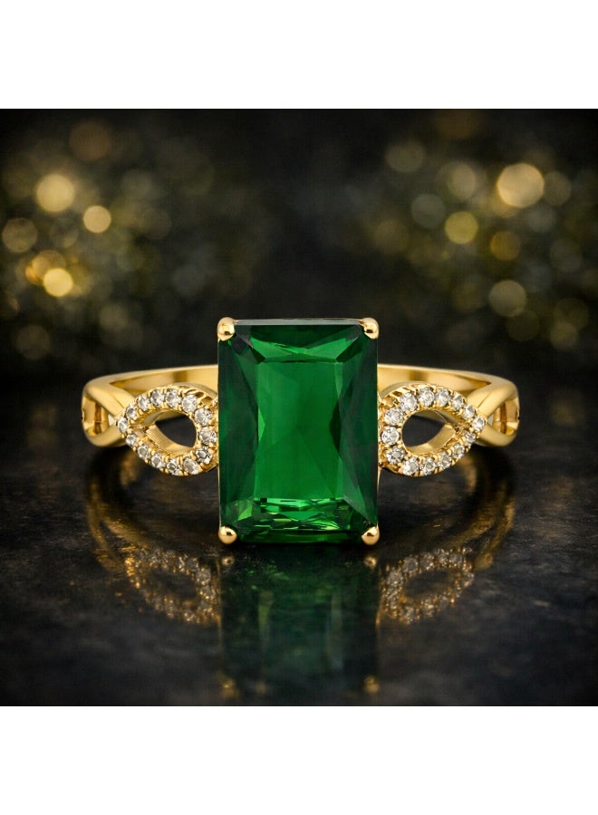 Fine Silver 925 Sterling Silver Women's 18K Gold Plated Ring with Emerald Cut Green Zircon and Infinity Accents - Image 2