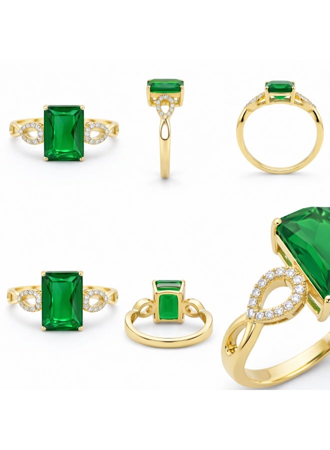 Fine Silver 925 Sterling Silver Women's 18K Gold Plated Ring with Emerald Cut Green Zircon and Infinity Accents - Image 3