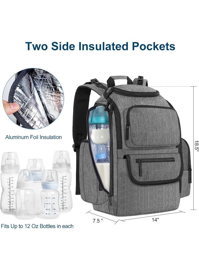 Mancro Diaper Bag Backpack, Baby Diaper Bag with 2 Side Insulated Pockets, Travel Diaper Backpack for Men Women with Stroller Straps, Large Capacity and Waterproof, Grey - Image 3