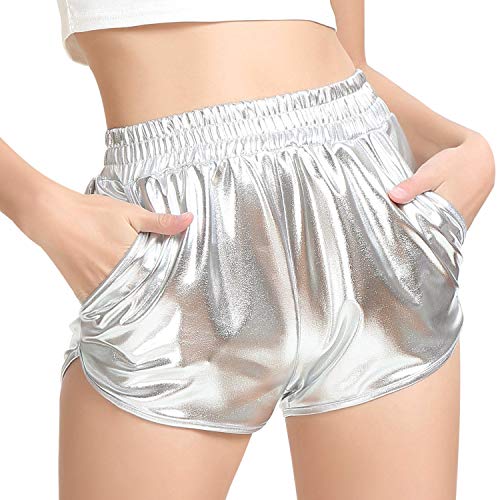 PESION Women's Metallic Rave Shiny Shorts Booty Hot Yoga Dance Disco Pants, Silver X-Large - Image 1