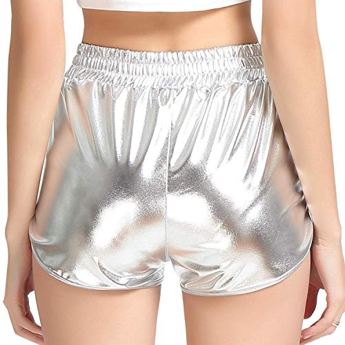 PESION Women's Metallic Rave Shiny Shorts Booty Hot Yoga Dance Disco Pants, Silver X-Large - Image 2