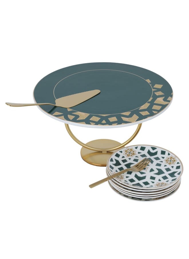 Alsaif Gallery Cake serving set (plates + forks + cake spoon) white green pattern with gold  - Image 1