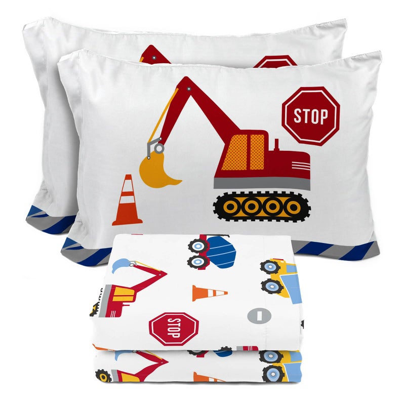 Sunny Side Up Construction Zone Full Sheet Set - 4 Piece Kids Bedding Set includes Pillow Cover - Super Soft Trucks Microfiber Sheets - Image 1