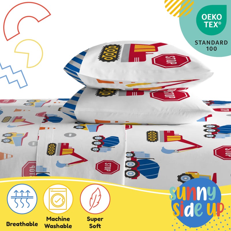 Sunny Side Up Construction Zone Full Sheet Set - 4 Piece Kids Bedding Set includes Pillow Cover - Super Soft Trucks Microfiber Sheets - Image 4