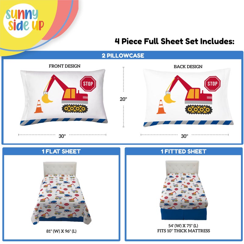 Sunny Side Up Construction Zone Full Sheet Set - 4 Piece Kids Bedding Set includes Pillow Cover - Super Soft Trucks Microfiber Sheets - Image 3