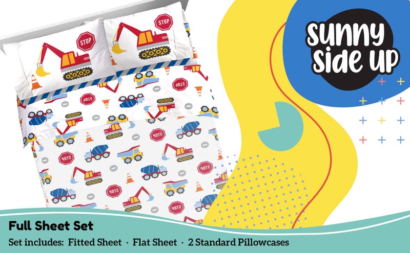 Sunny Side Up Construction Zone Full Sheet Set - 4 Piece Kids Bedding Set includes Pillow Cover - Super Soft Trucks Microfiber Sheets - Image 2