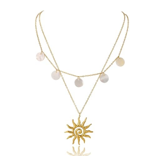Xeyai Gold Necklace for Women, Dainty 14K Gold Plated Layered Sun Pendant Necklace Gold Charm Chocker Jewelry Gift for Her - Image 1