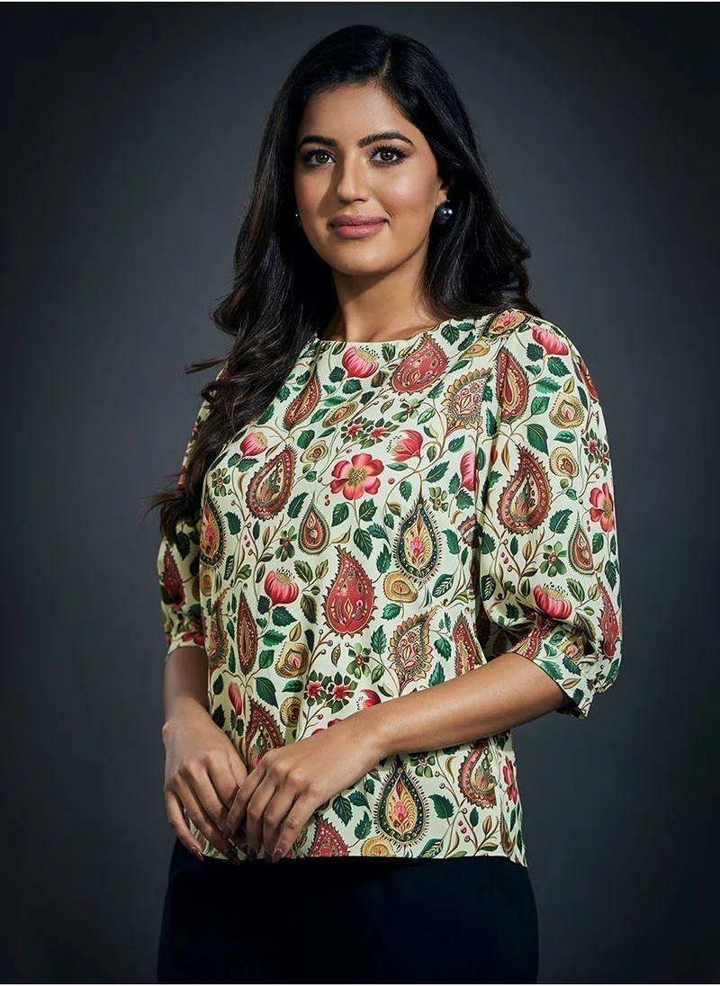 Zigzag Half Sleeve Printed Chiffon Round Neck Top