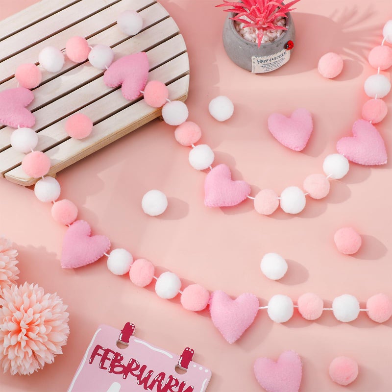Whaline Valentine's Day Felt Banner 3D Garland Pink Heart Pom Pom Balls Bunting Garland for Wedding Anniversary Party Supplies Home Hanging Decoration - Image 3