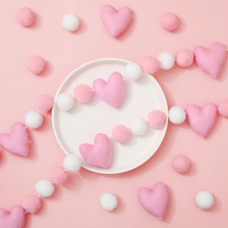 Whaline Valentine's Day Felt Banner 3D Garland Pink Heart Pom Pom Balls Bunting Garland for Wedding Anniversary Party Supplies Home Hanging Decoration - Image 1