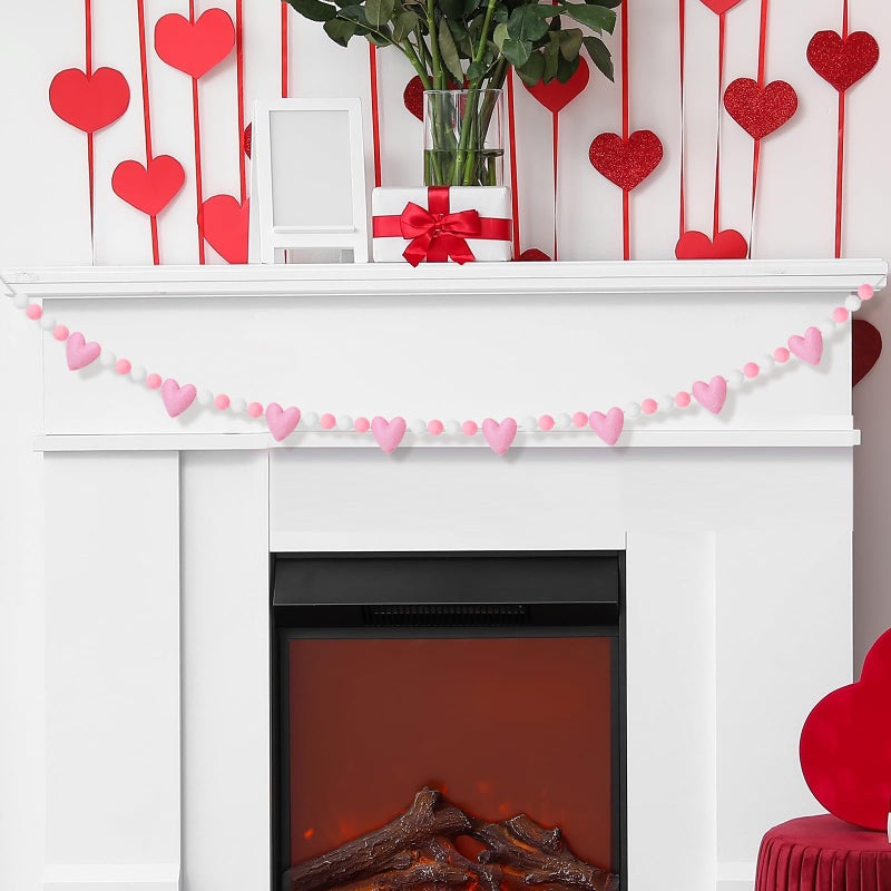 Whaline Valentine's Day Felt Banner 3D Garland Pink Heart Pom Pom Balls Bunting Garland for Wedding Anniversary Party Supplies Home Hanging Decoration - Image 4
