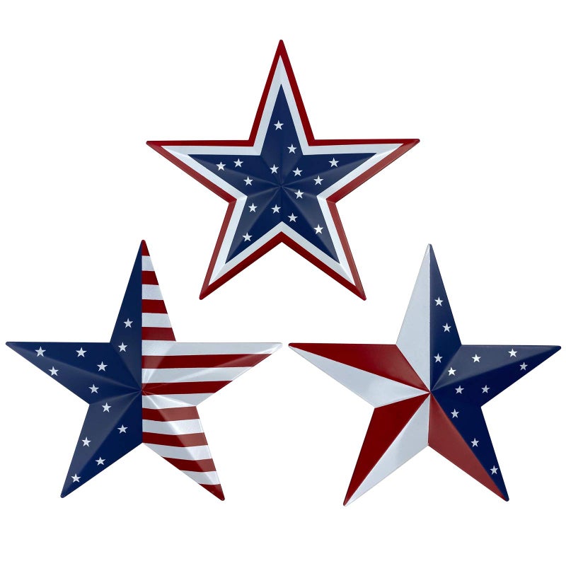 Metal Barn Star Art American Flag Patriotic 9Inch Star Wall Decoration Wall Mount 3D Barn Star Decor July of 4th Decoration Set of 3
