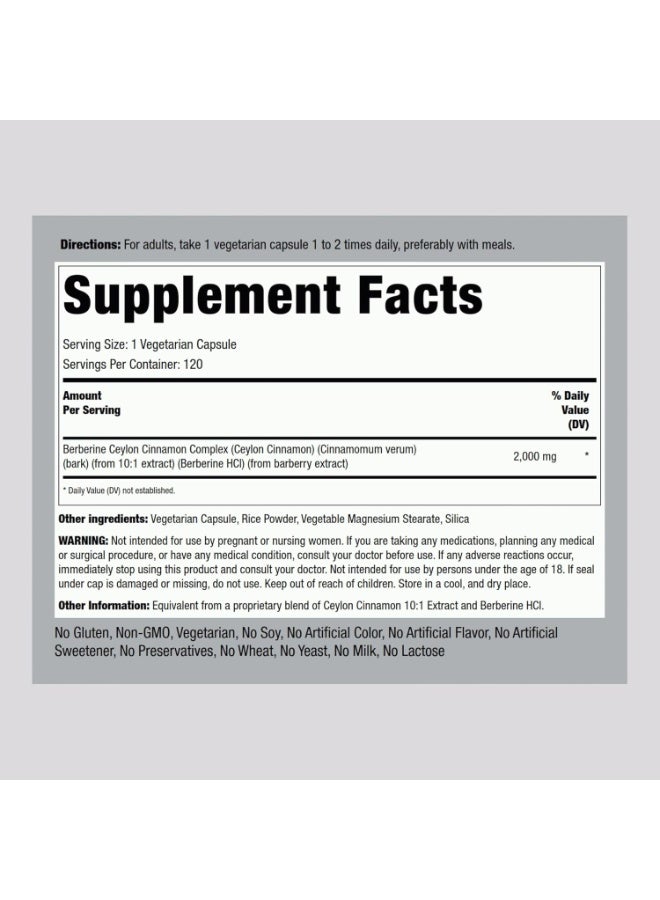Piping Rock Berberine with Ceylon Cinnamon Supplement | 2000 mg | 120 Capsules | Vegetarian Complex | Non-GMO, Gluten Free - Image 2
