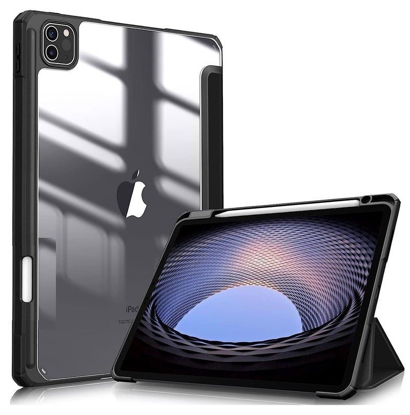 Hybrid Case Compatible with iPad Pro 11 Inch (2022/2021/2020/2018, 4th/3rd/2nd/1st Generation) - Ultra Slim Shockproof Clear Cover w/Pencil Holder, Auto Wake/Sleep, Black