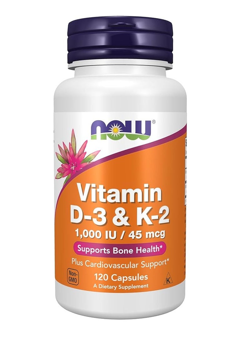 now فيتامين د3 وك2، 1,000 وحدة دولية/45 ميكروغرام، 120 كبسولة - Image 1