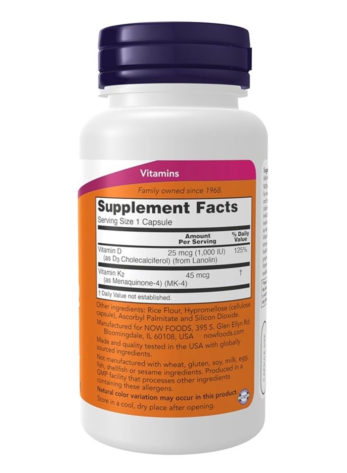 now فيتامين د3 وك2، 1,000 وحدة دولية/45 ميكروغرام، 120 كبسولة - Image 2