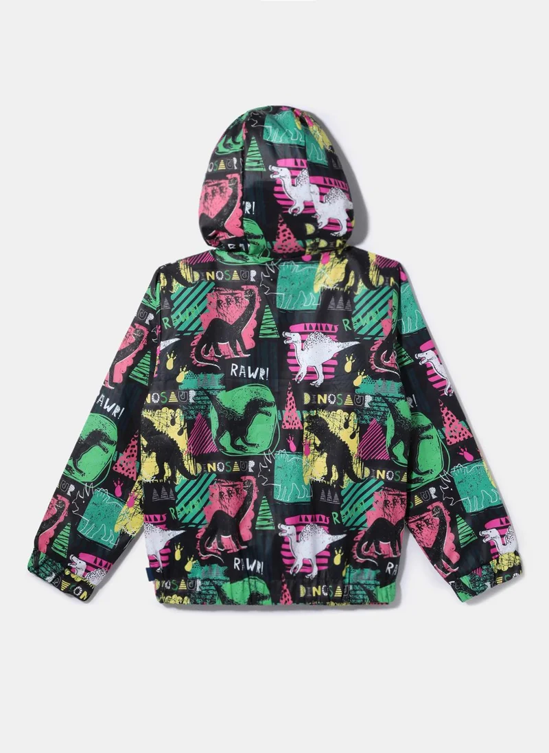 Nautinati Nautinati Multicolour Dino Printed Hooded Windbreaker Jacket for Boys