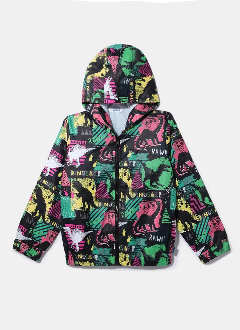 Nautinati Nautinati Multicolour Dino Printed Hooded Windbreaker Jacket for Boys