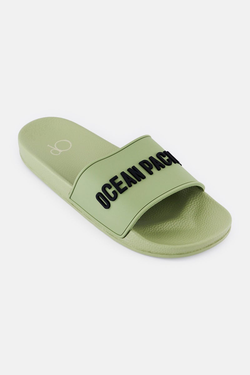 Ocean Pacific Men Brand Logo Slip On Slides, Olive  - Image 1