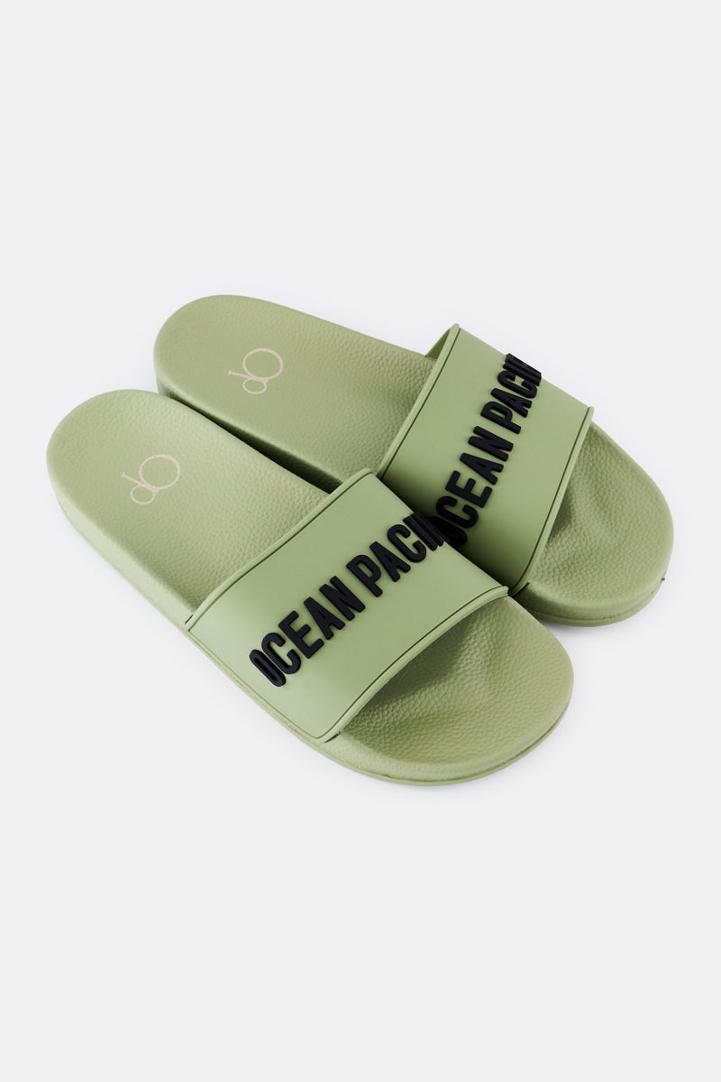 Ocean Pacific Men Brand Logo Slip On Slides, Olive  - Image 2